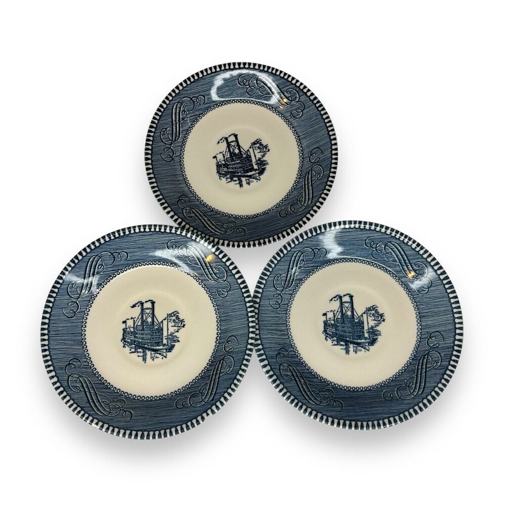 Vintage Currier & Ives Royal China “Steamboat” 6” Saucer Plate Set 3 Blue/White